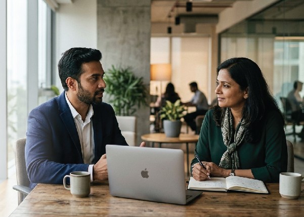 A business owner discussing HR strategy with a senior HR advisor